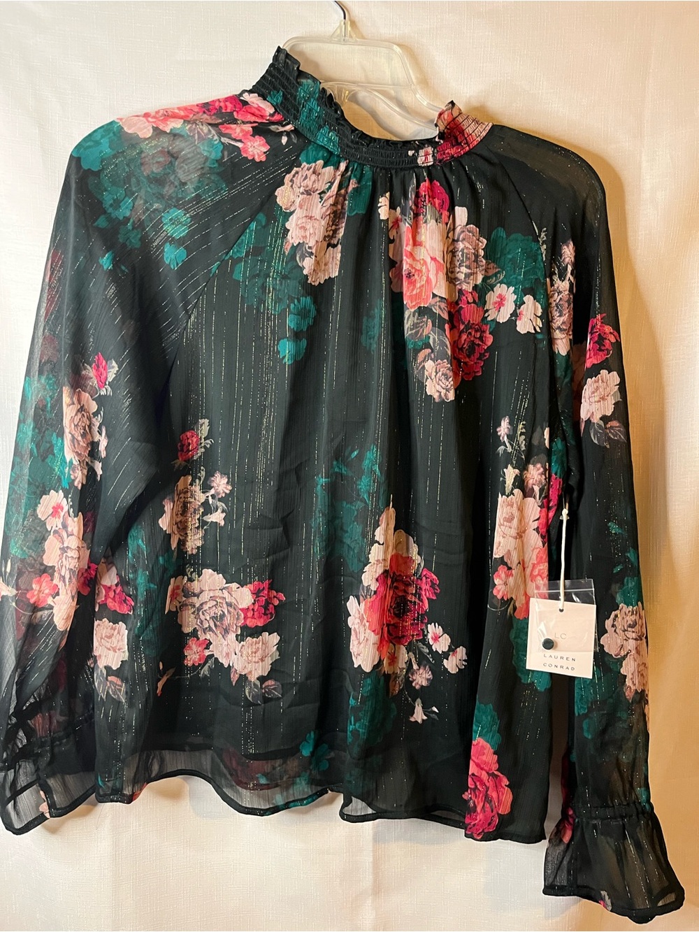 LC Lauren Conrad Black Floral High-Neck Sheer Blouse with Pink & Teal Flowers